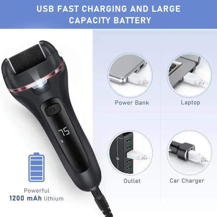 Black electric shaver with USB fast charging and large capacity battery features on a white background.