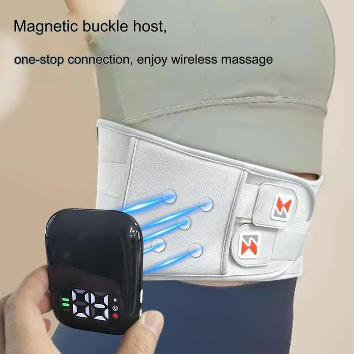 Belt with wireless massage device and digital controller on a beige background