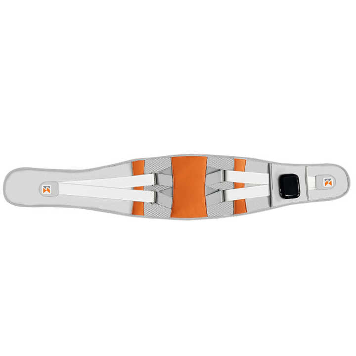 Gray and orange snowboard with bindings on a white background