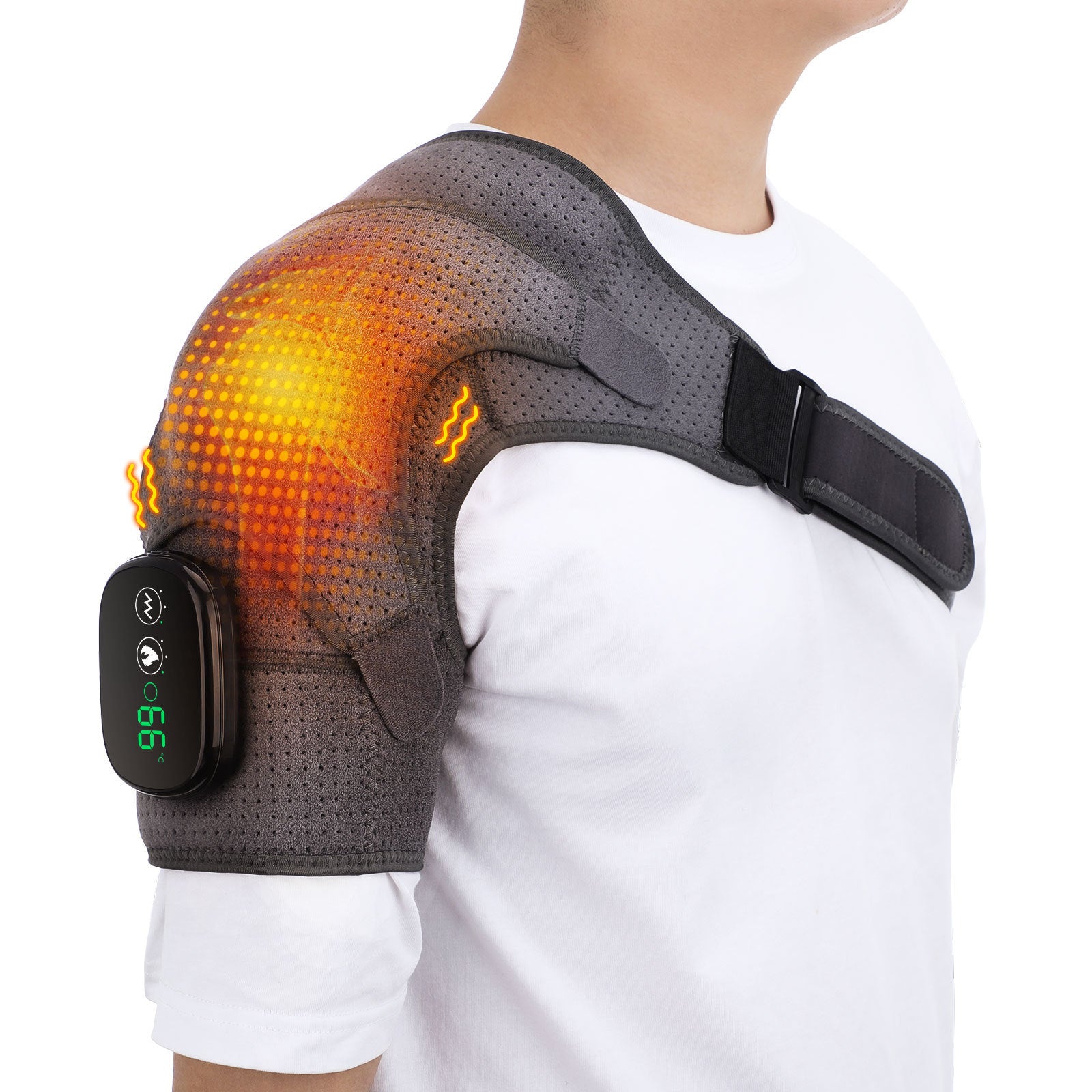 Heating pad on a shoulder with digital display, glowing orange.