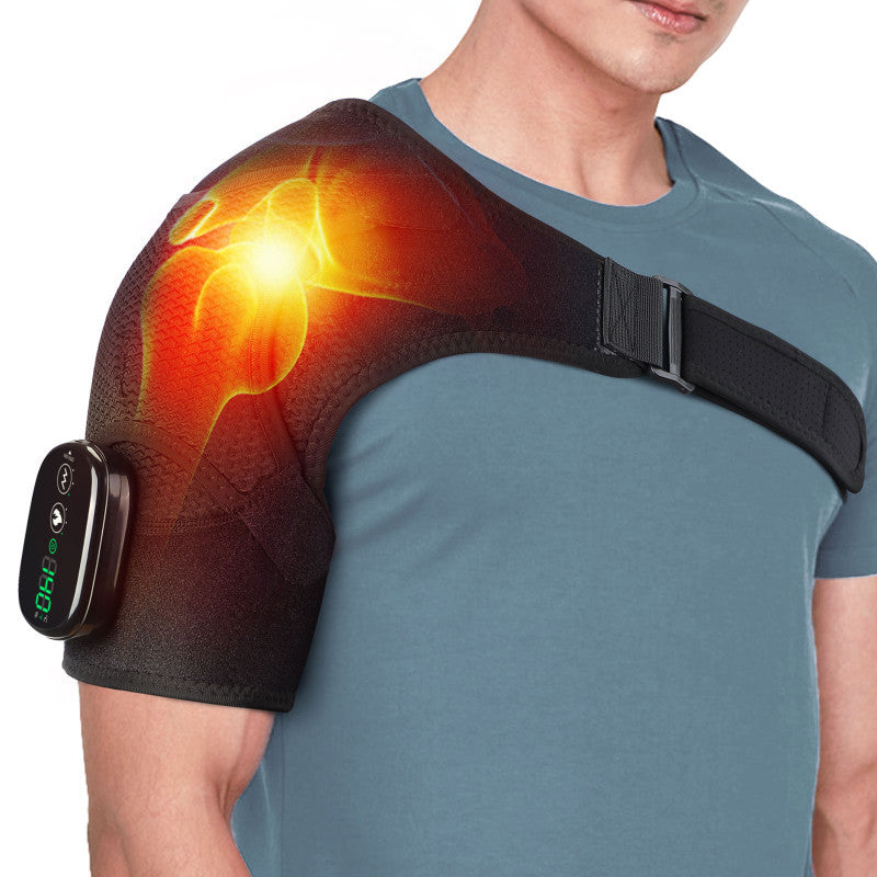 Person wearing a shoulder brace with a glowing effect on a white background