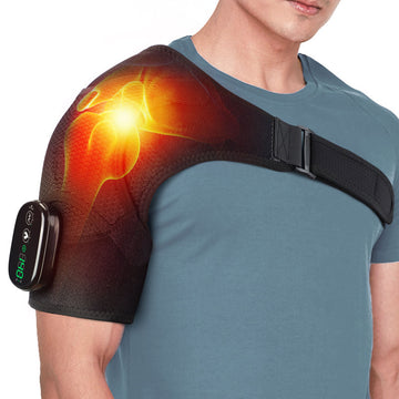 Person wearing a shoulder brace with a glowing effect on a white background