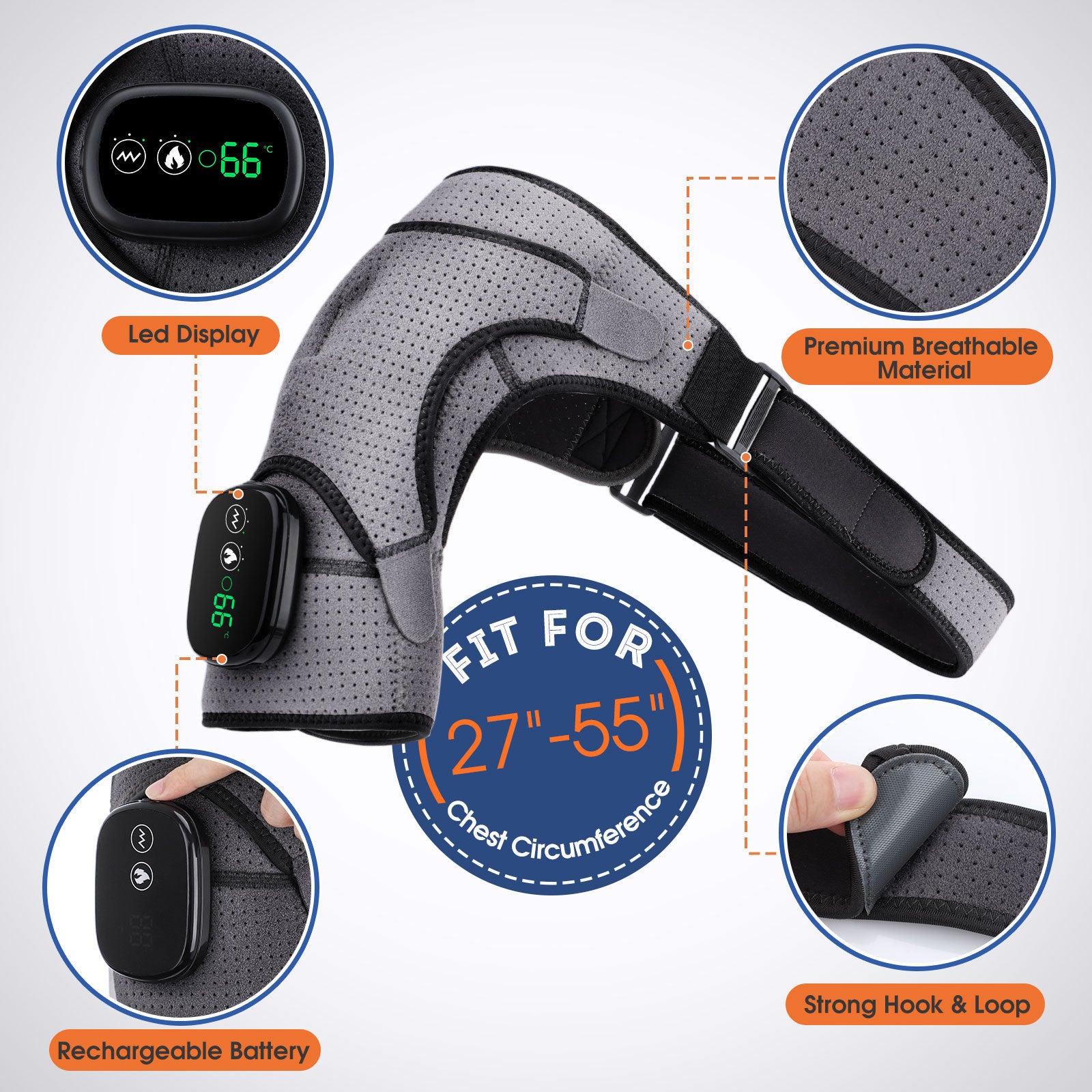 Gray chest strap with digital display and features highlighted on a white background
