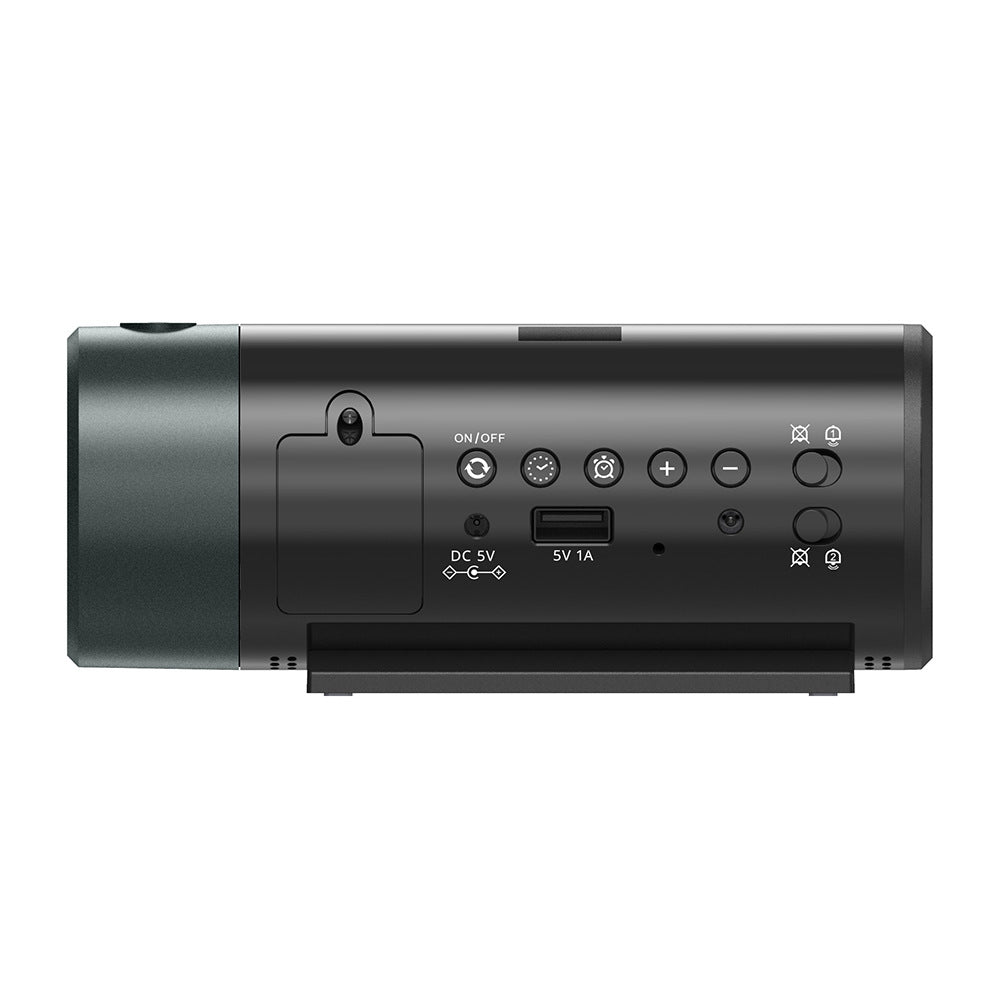 Black electronic device with various ports and buttons on a white background