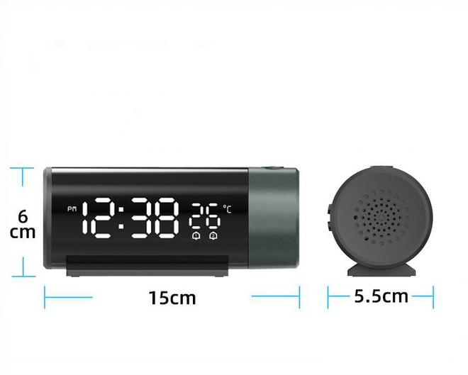 Black digital clock with temperature display and dimensions on a white background