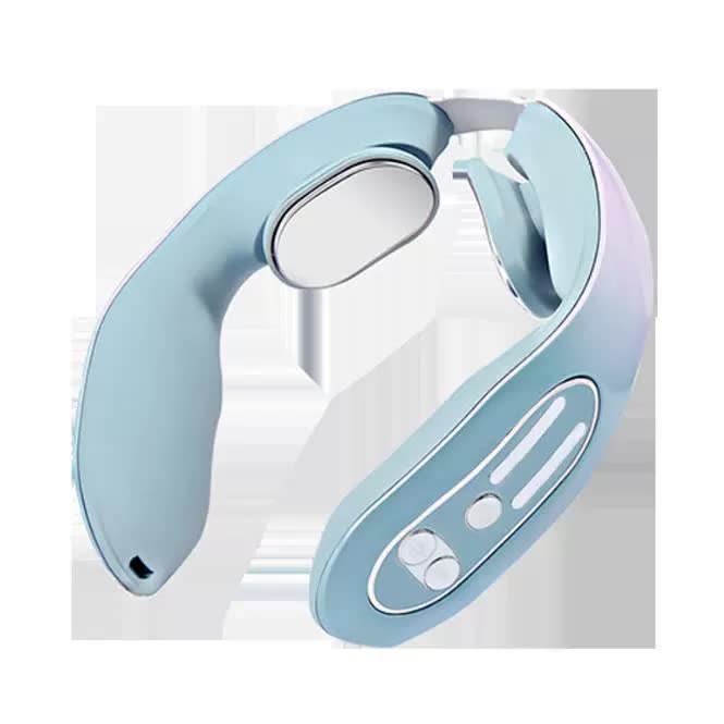 Blue and white neck massager on a light gray background