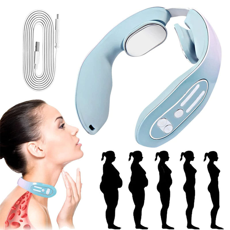 Blue neck massager with packaging and illustrations of a woman using it