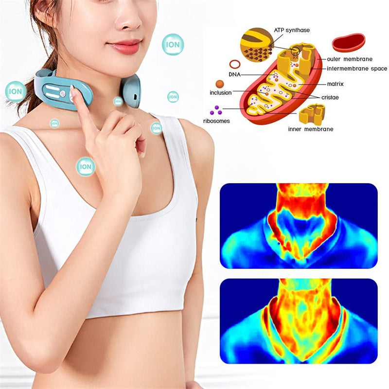 Woman wearing a neck device with medical diagrams and thermal imaging on a white background