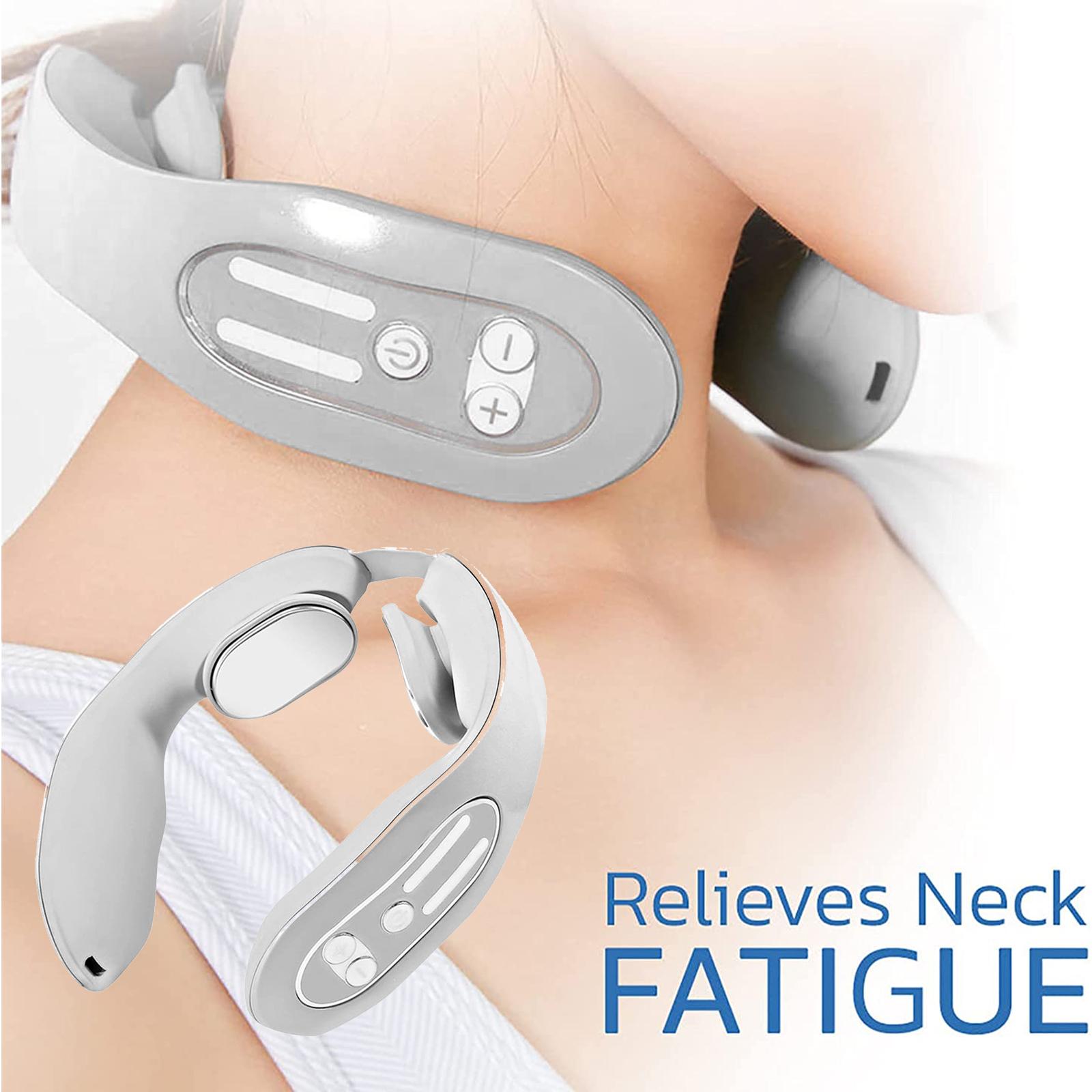 Neck massager device on a person's neck with text 'Relieves Neck Fatigue'.