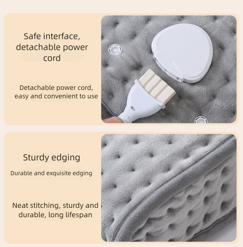 Gray mattress with cleaning brush and text highlighting safe interface, detachable power cord, and sturdy edging.
