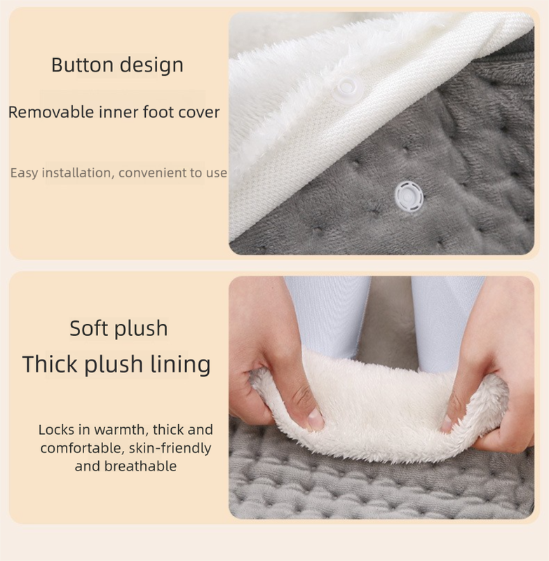 Text description of a product with features like button design, removable inner foot cover, and soft plush lining.