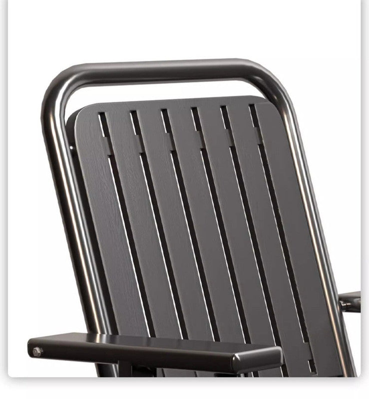 Black metal chair with slatted backrest on a white background