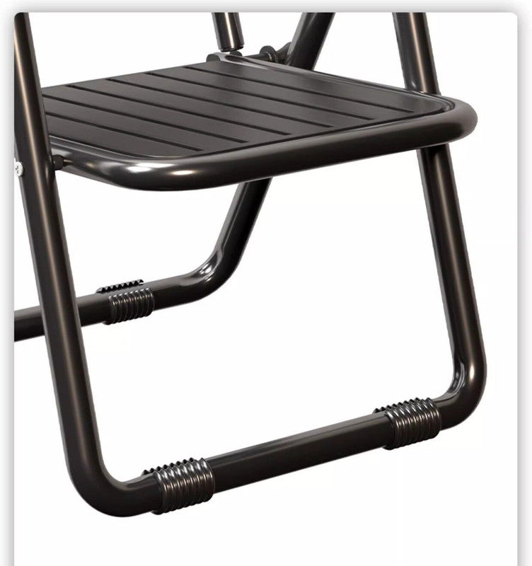 Black metal folding step stool on a white background