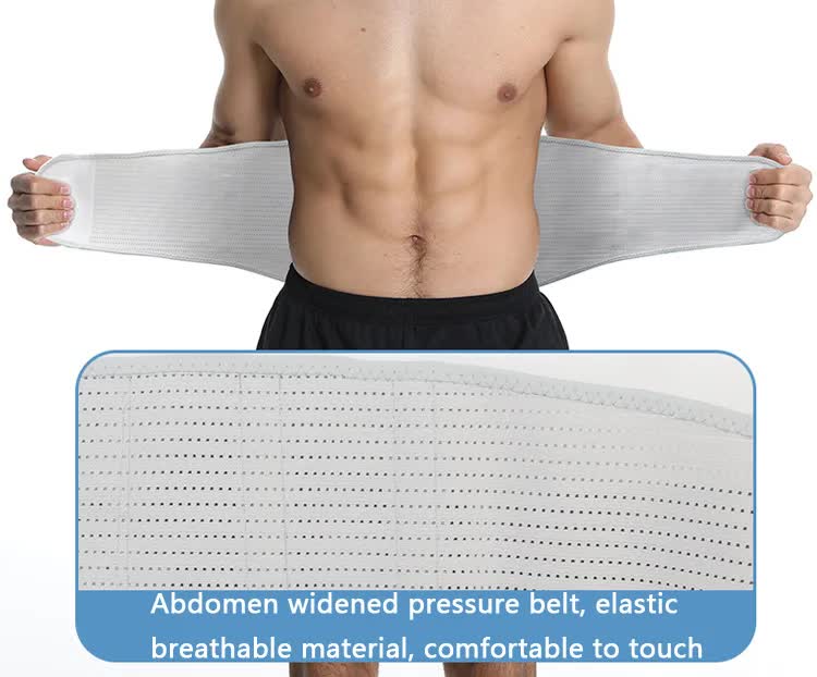 Man wearing an abdomen widened pressure belt with text describing its features.