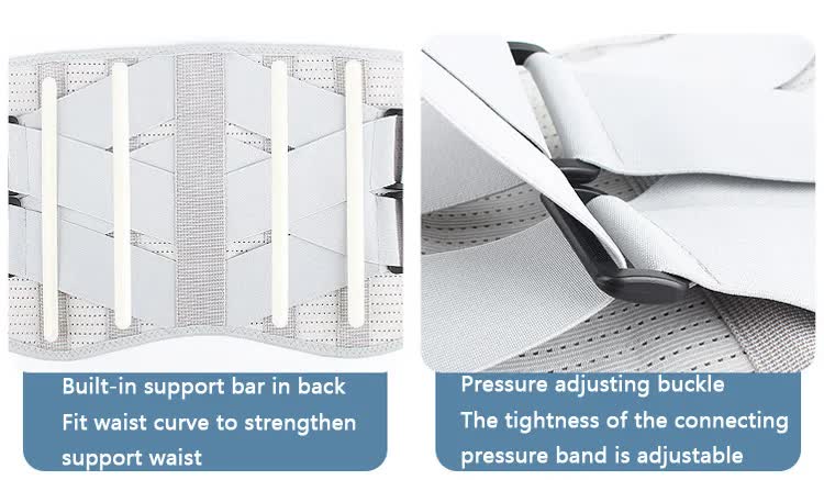 Product with built-in support bar and pressure adjusting buckle for waist support.