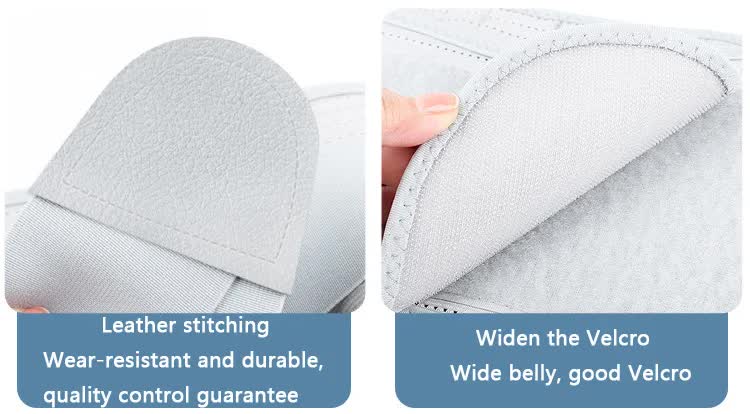 Gray fabric product with leather stitching and widened Velcro, on a white background.