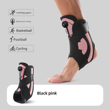 Black and pink ankle support brace on a person's foot with activity icons and text.