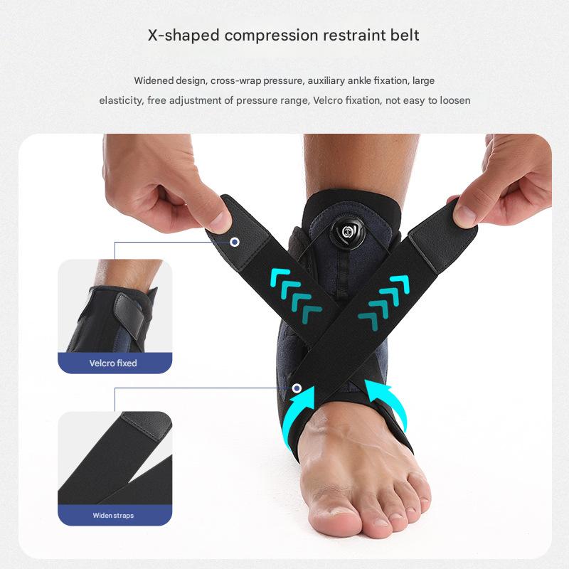 X-shaped compression restraint belt being worn on a foot with text describing its features.