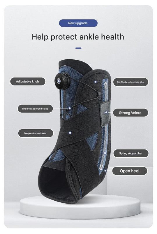 Ankle support brace with features listed on a white background