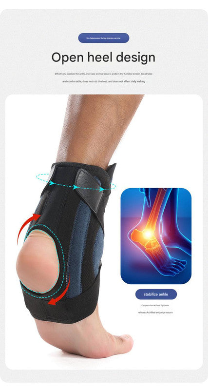Foot with a black orthopedic insert and inset showing a close-up of the foot's sole.