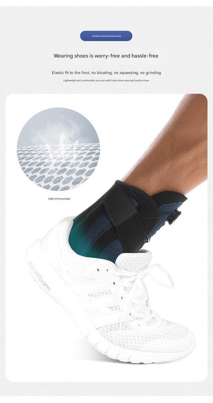 White shoe with black strap worn on a foot, with text about shoe comfort.