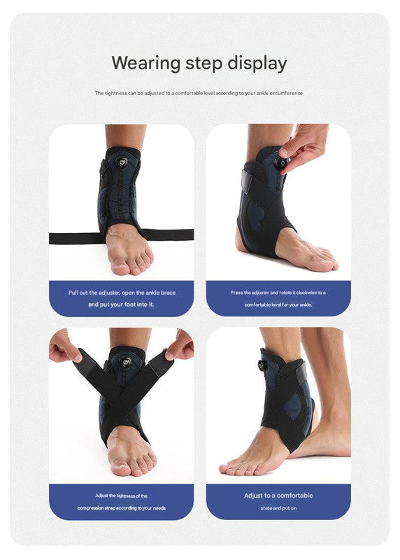 Instructions on how to wear a black ankle support brace with text overlay.