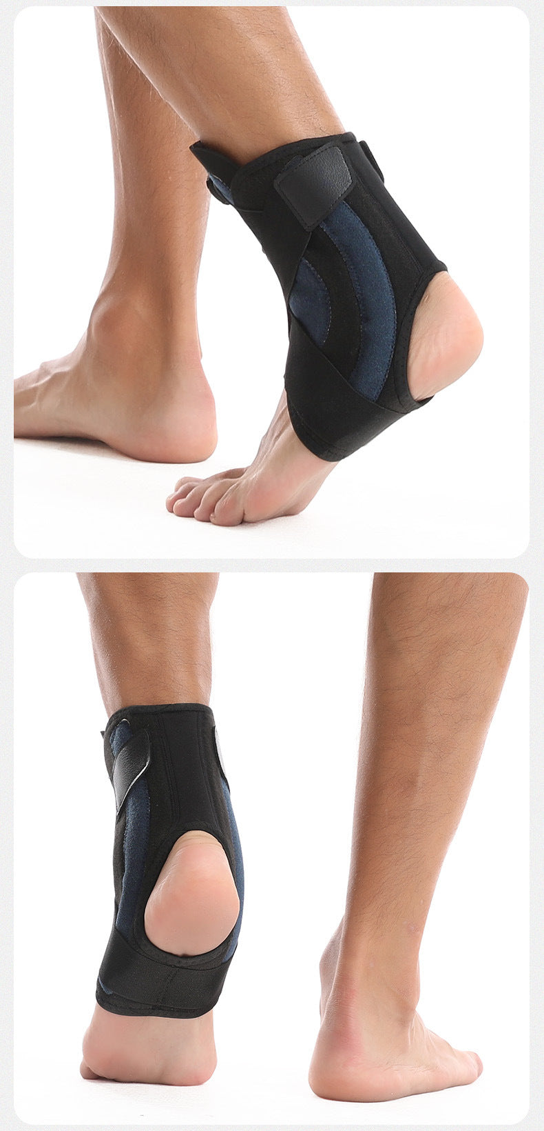 Black ankle support brace on a person's foot with a white background