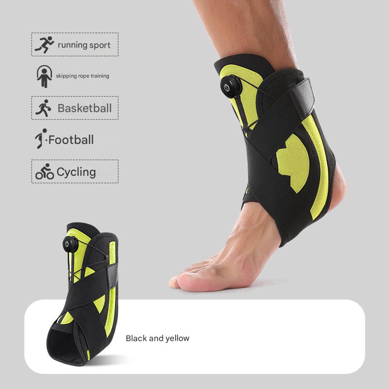 Black and yellow ankle support brace on a foot with sports activities listed.