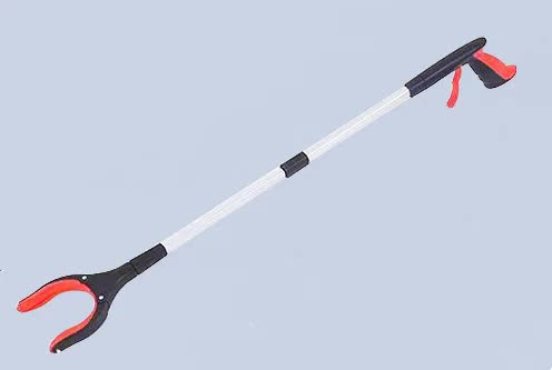 Telescopic pole with red and black clamps on a light blue background
