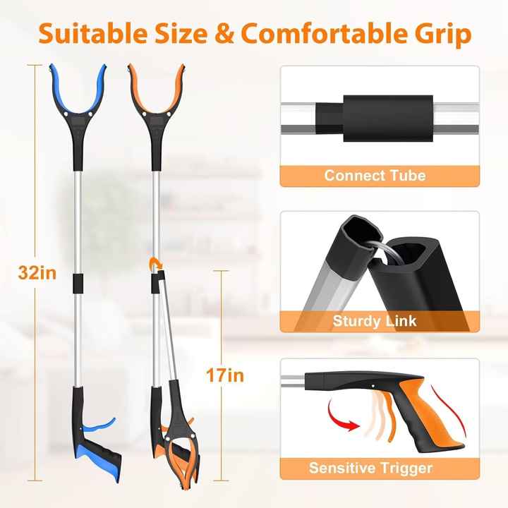 Two extendable tools with measurements and feature highlights on a white background