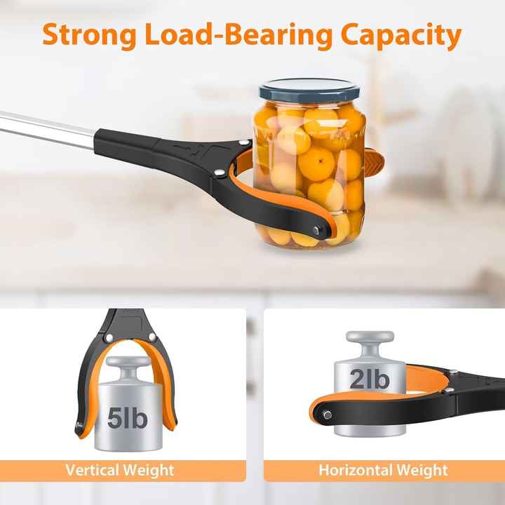 Jar opener with a jar of pickles and weight capacity indicators on a neutral background