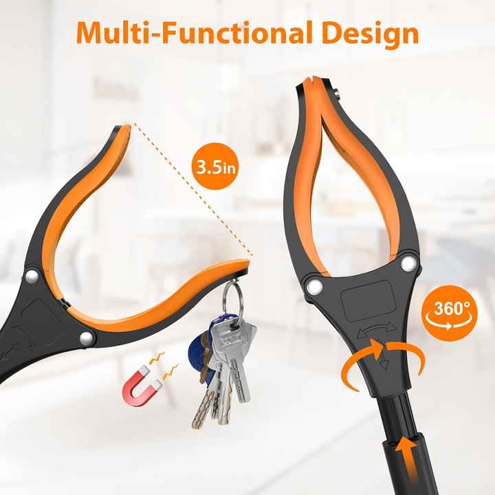 Multi-functional tool with orange and black design, featuring a magnet and keychain attachment on a white background.