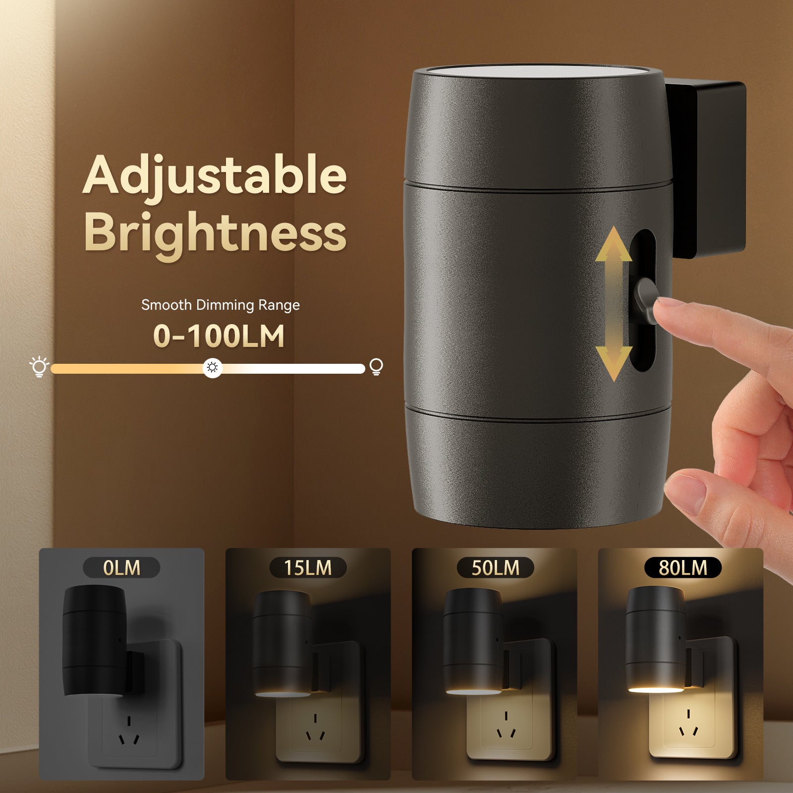 Black adjustable brightness light fixture with hand adjusting it on a brown background