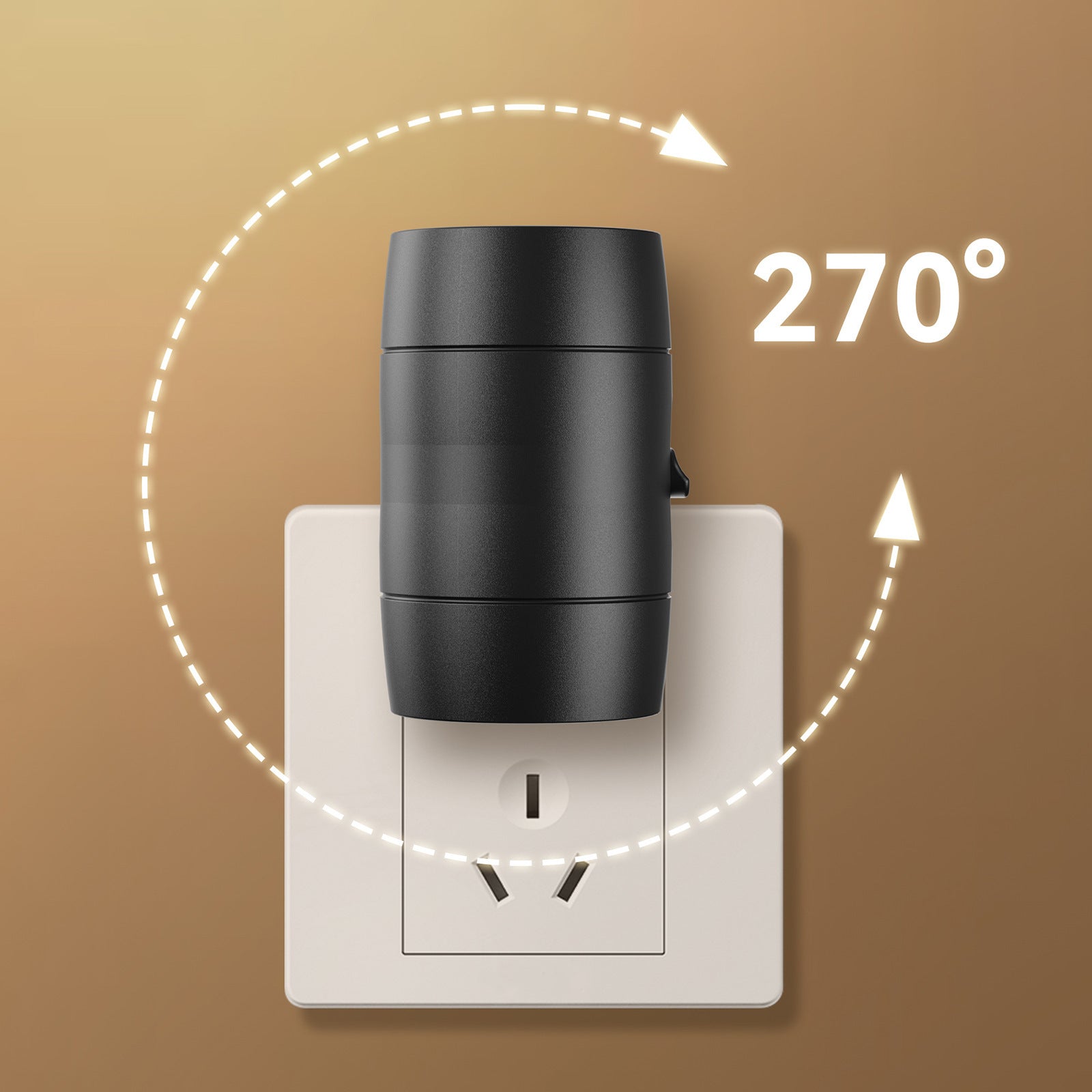 Black travel mug on a wall socket with '270°' text, indicating rotation.