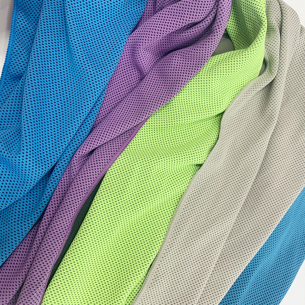 Five colorful fabrics in blue, purple, green, gray, and multicolor on a white background.