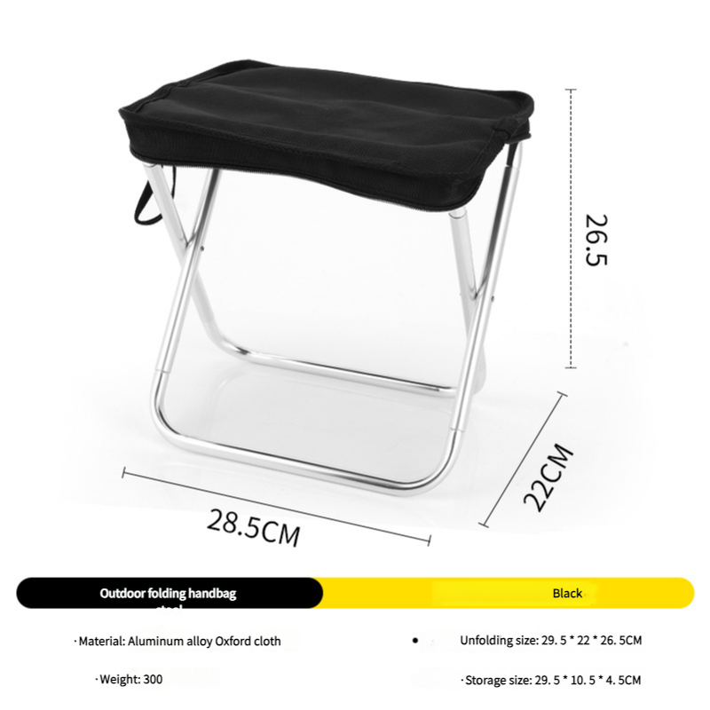 Black folding stool with dimensions on a white background