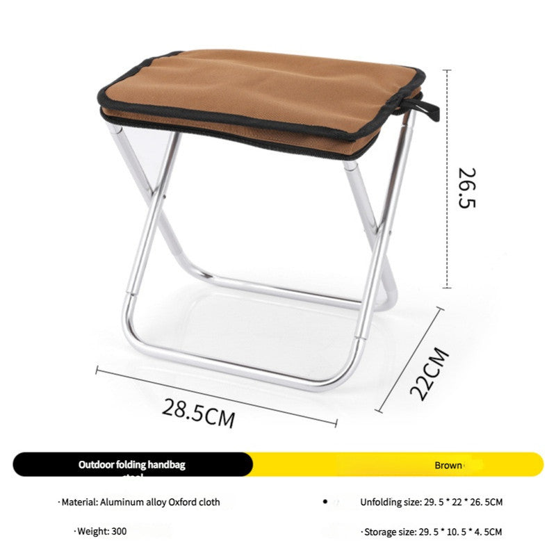Brown folding stool with dimensions on a white background