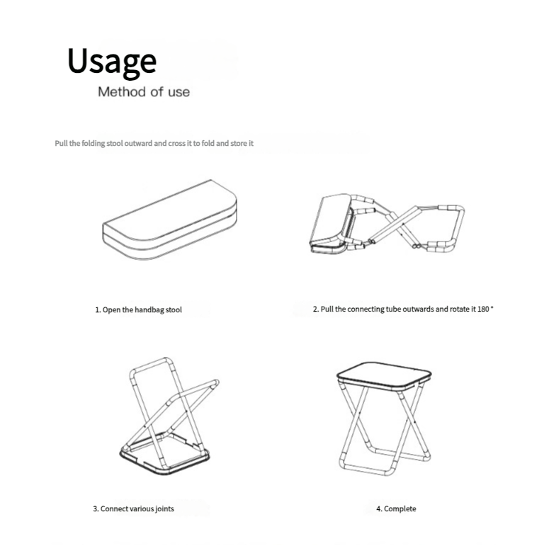 Instructions for using a folding stool with illustrations and text on a white background