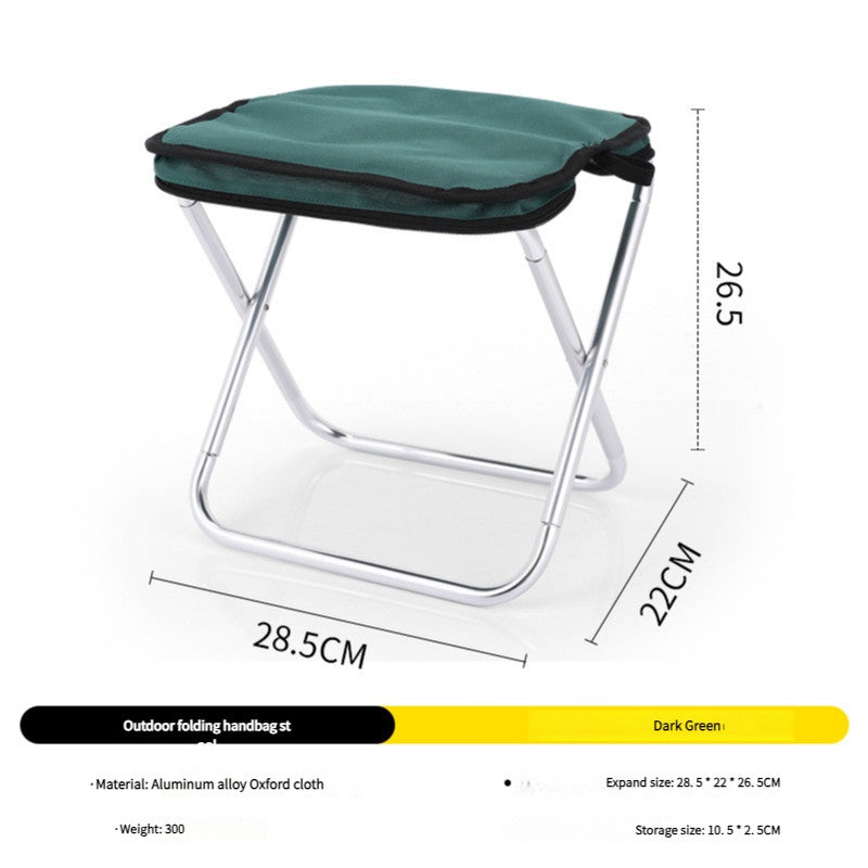 Dark green folding stool with dimensions on a white background