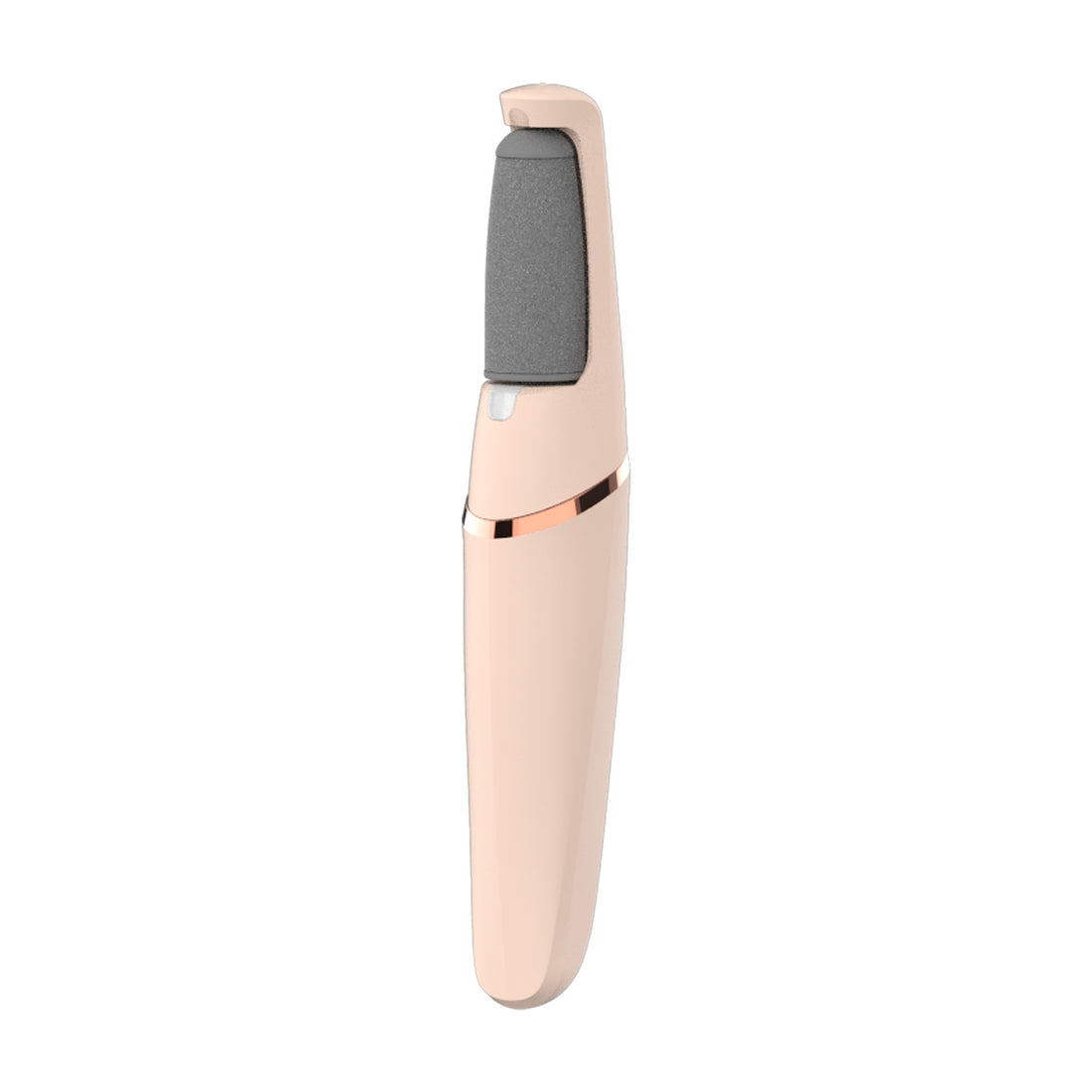 Beauty tool with rose gold body and gray top on a white background
