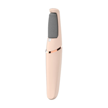 Beauty tool with rose gold body and gray top on a white background