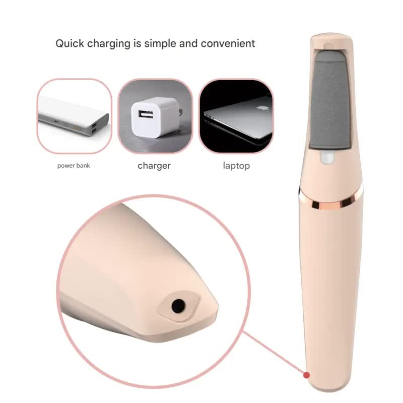 Beige handheld device with charging cable, power bank, charger, and laptop icons on a white background.