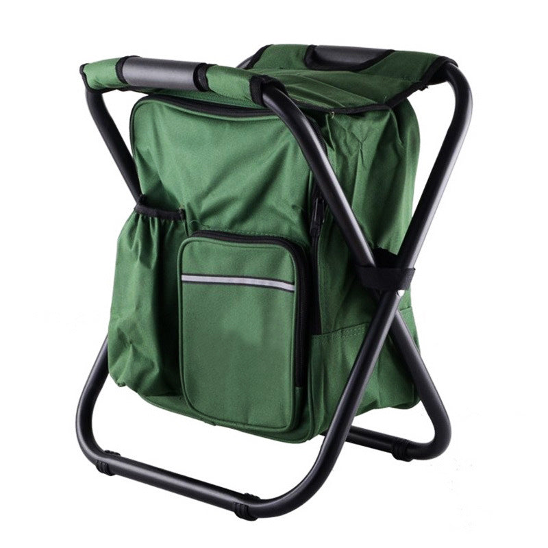 Green folding chair with backpack design on a white background