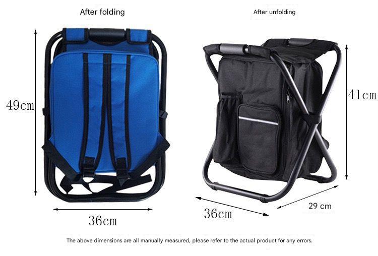 Folding chair shown before and after unfolding with dimensions indicated.