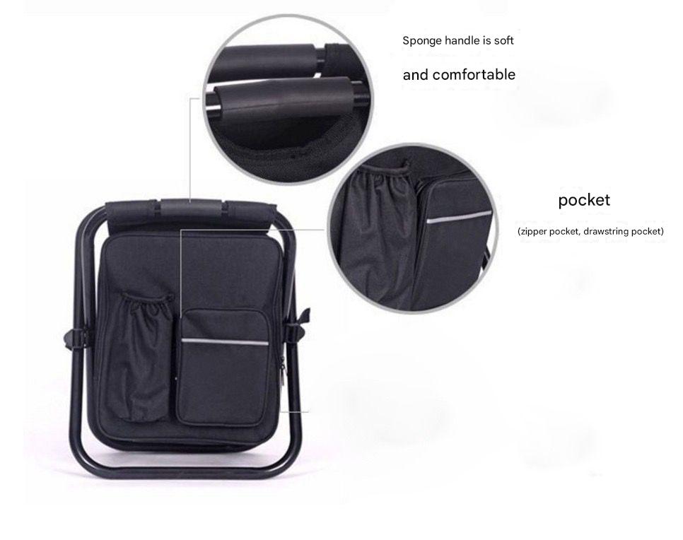 Black folding chair with sponge handle and pockets on a white background