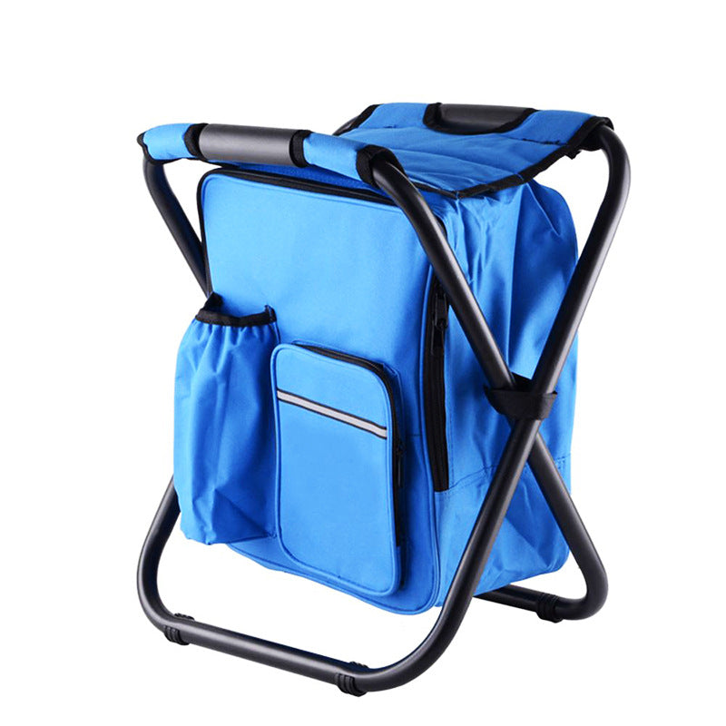 Blue folding chair with built-in cooler on a white background