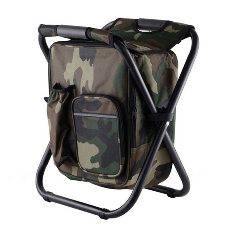 Camouflage cooler bag with a folding chair on a white background