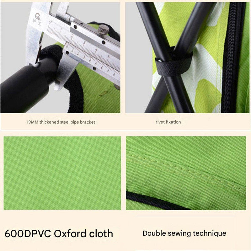 Collage of green chair components with measurement tool, steel pipe bracket, rivet fixation, 600DPVC Oxford cloth, and double sewing technique.