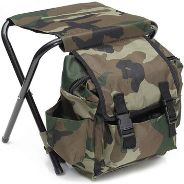 Camouflage folding stool with backpack on a white background
