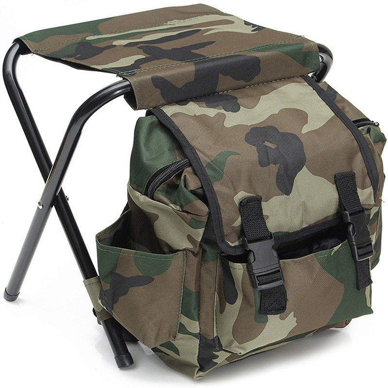 Camouflage folding stool with backpack on a white background